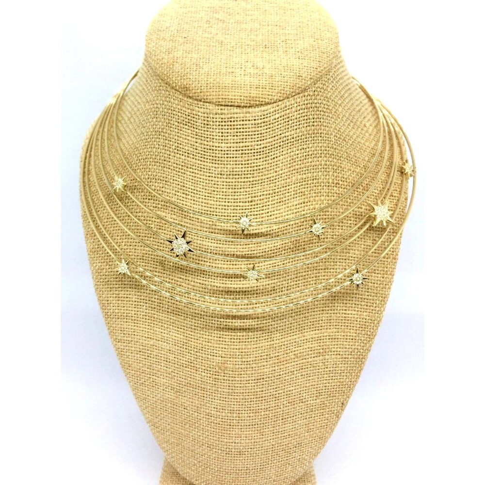 Gold Tone Collar Necklace Celestial Starburst Star Multi Wire Rhinestone Cosmic